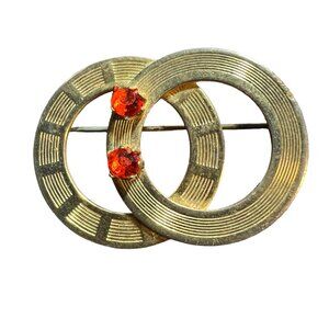 Double Circle Brooch Gold Tone Red‎ Rhinestones Vintage Pin